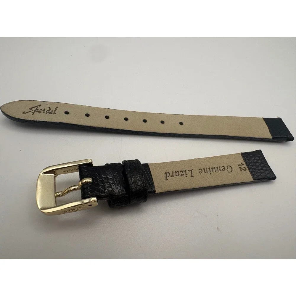 Vintage NOS Speidel 12mm Genuine Lizard Watch Strap - Black w/ Gold Buckle